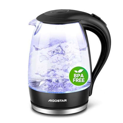 Aigostar Adam - Wasserkocher Glas 1,7 Liter, 2200 Watt, LED-Beleuchtung, 100% BPA Frei, Verdicktes Borosilikatglas Wasserkocher mit...