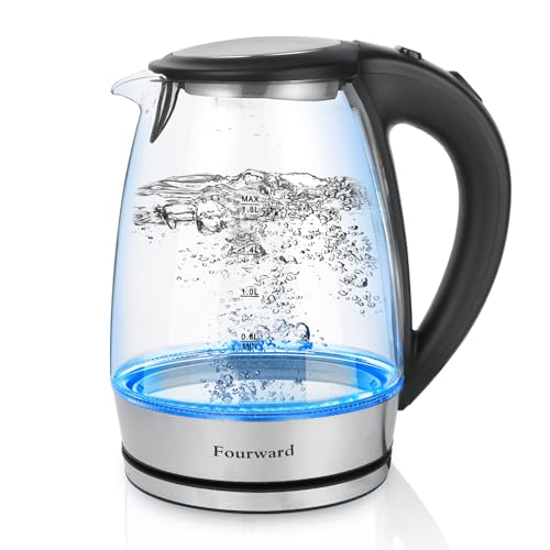 Fourward Glas Wasserkocher, 2300W, 1.8 Liter mit Led Blau Licht, 100% BPA Frei, Trockenaufschut, 5 Minuten Schnell auf 100°C